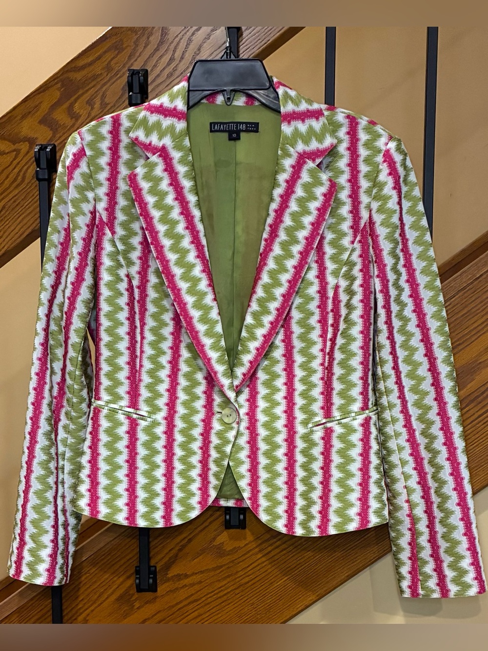 LAFAYETTE 148 Blazer Jacket Jacquard Zig-Zag Stripe Polka Dot Pink Green SZ.10